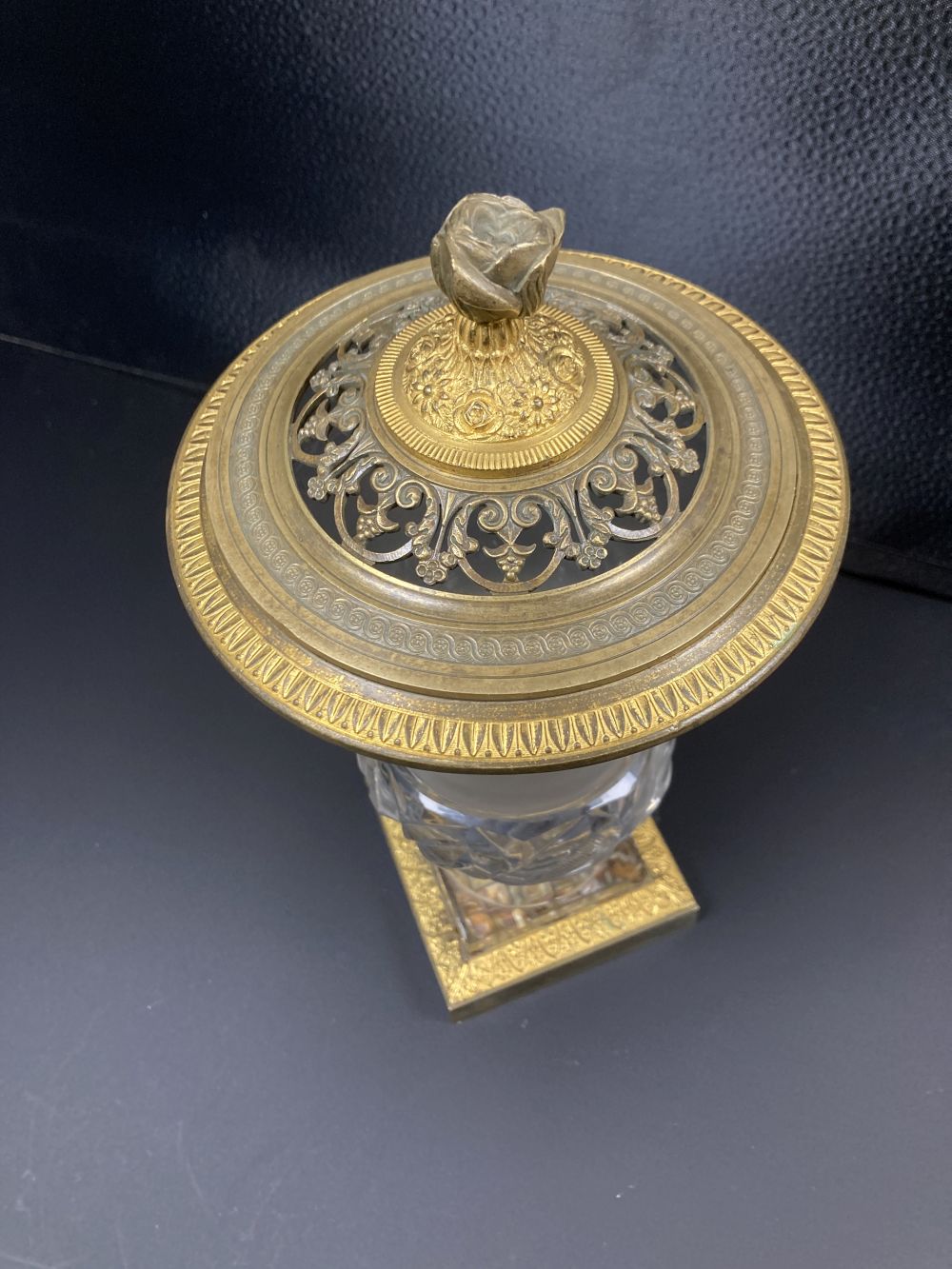 A French ormolu mounted cut glass pot pourri vase and cover, c.1830, 29cm